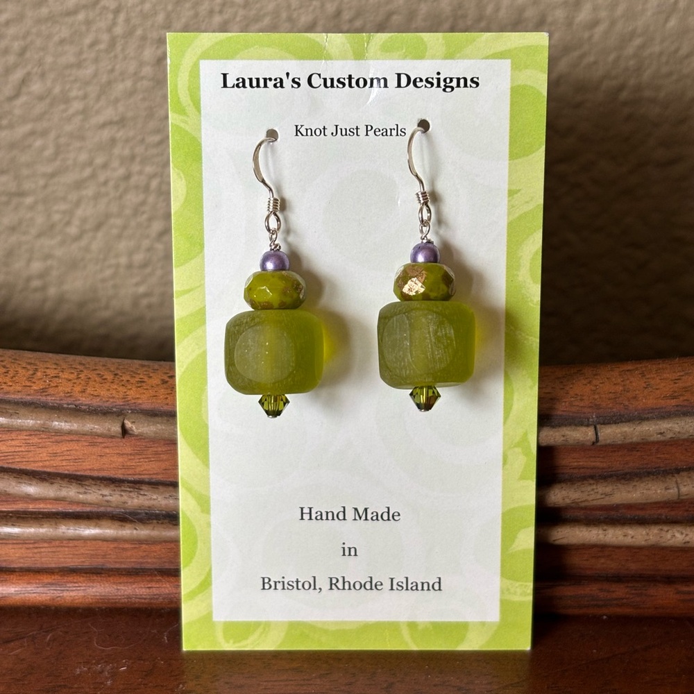 Bristol, RI handmade Green Bead Sterling Silver Earrings